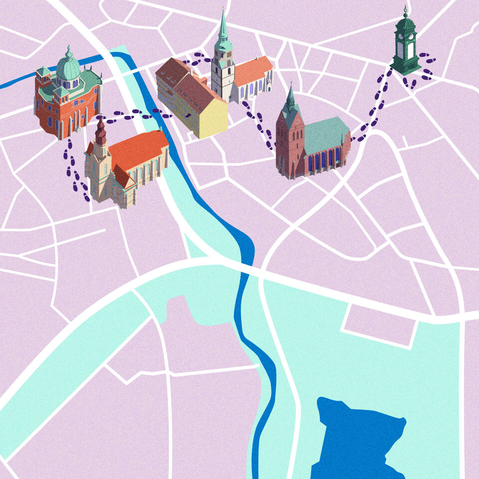 Ausschnitt aus der App. Eine gezeichnete Karte von Hannover, auf der einige Kirchen als Gebäude eingezeichnet sind.